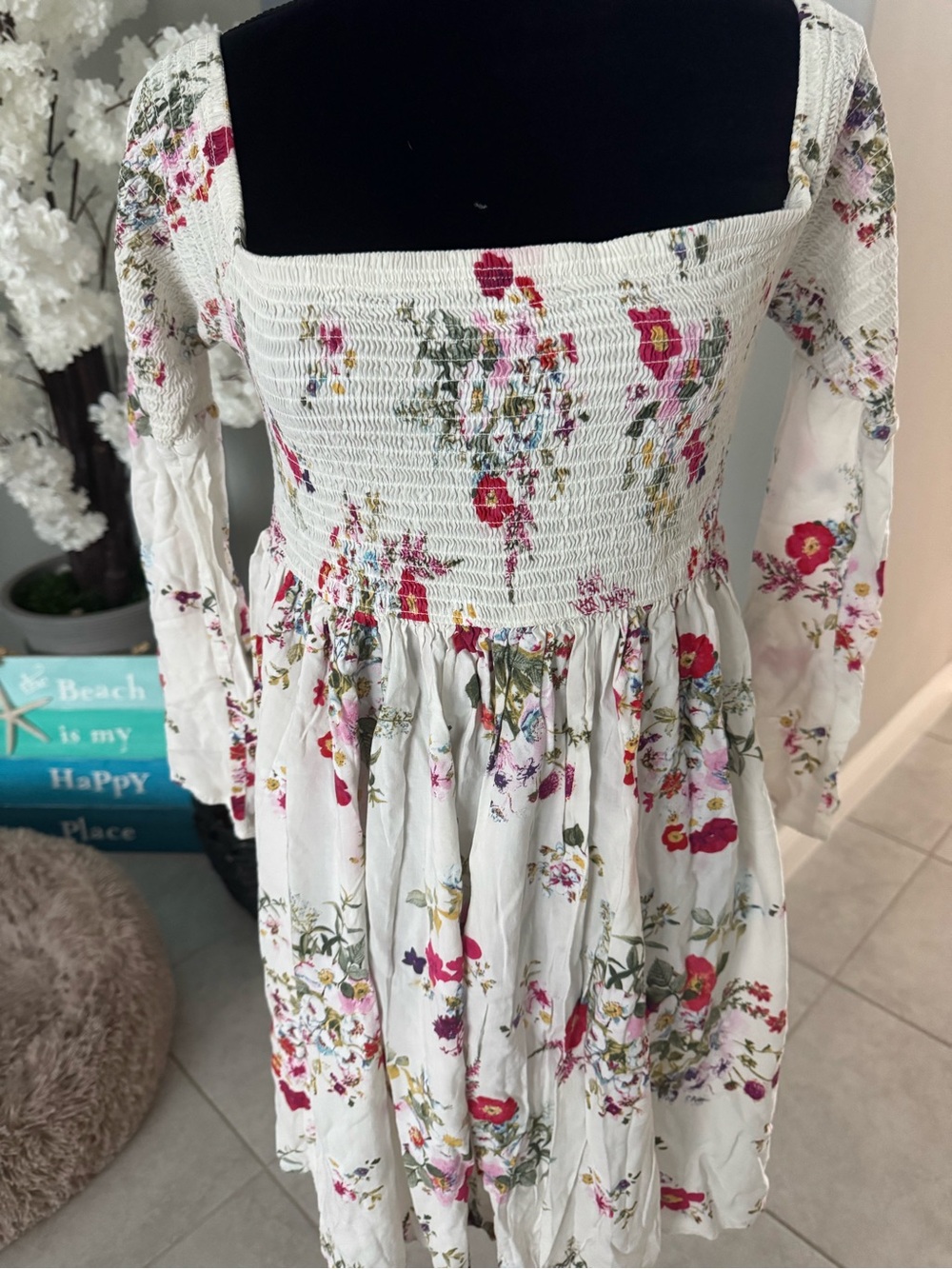 torrid White Dress with Pink and Red Floral Details off the shoulders